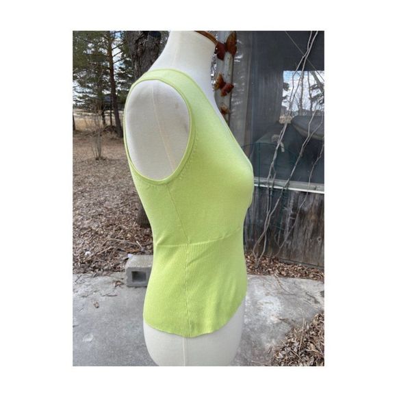 Vintage Y2K Chartreuse Sleeveless Knit Top Surplice V-Neck Fitted Poppy by N.S.D - Picture 2 of 7